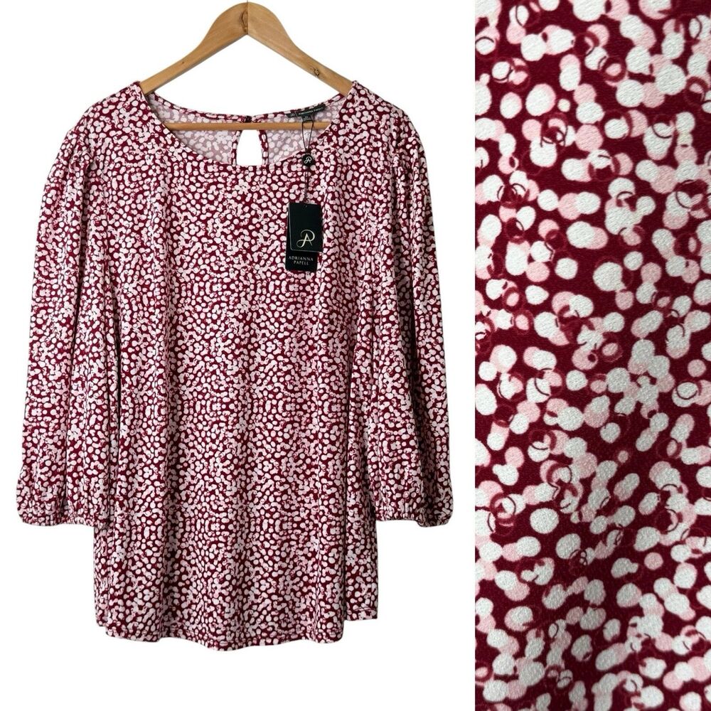 Adrianna Papell Top Womens 2X Red White Printed Stretch Knit Puff 3/4 Sleeve NWT